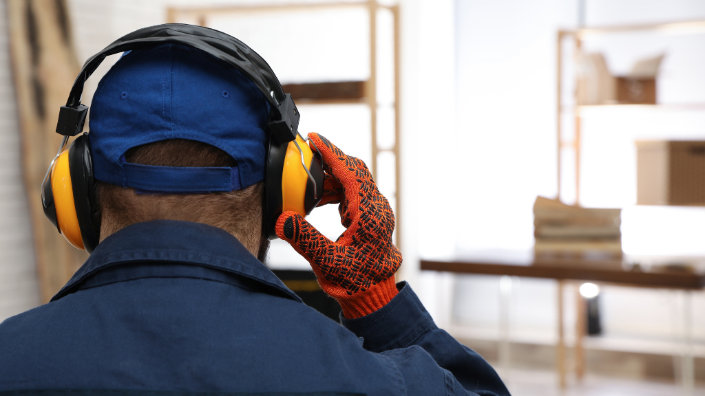 A man with large protective headphones and gloves on, in a work environment, avoiding workplace noise